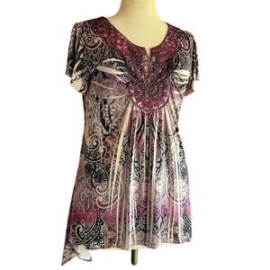 Womens Top Size Medium Multicolor Embellished Hippie Festival Boho Biker Office